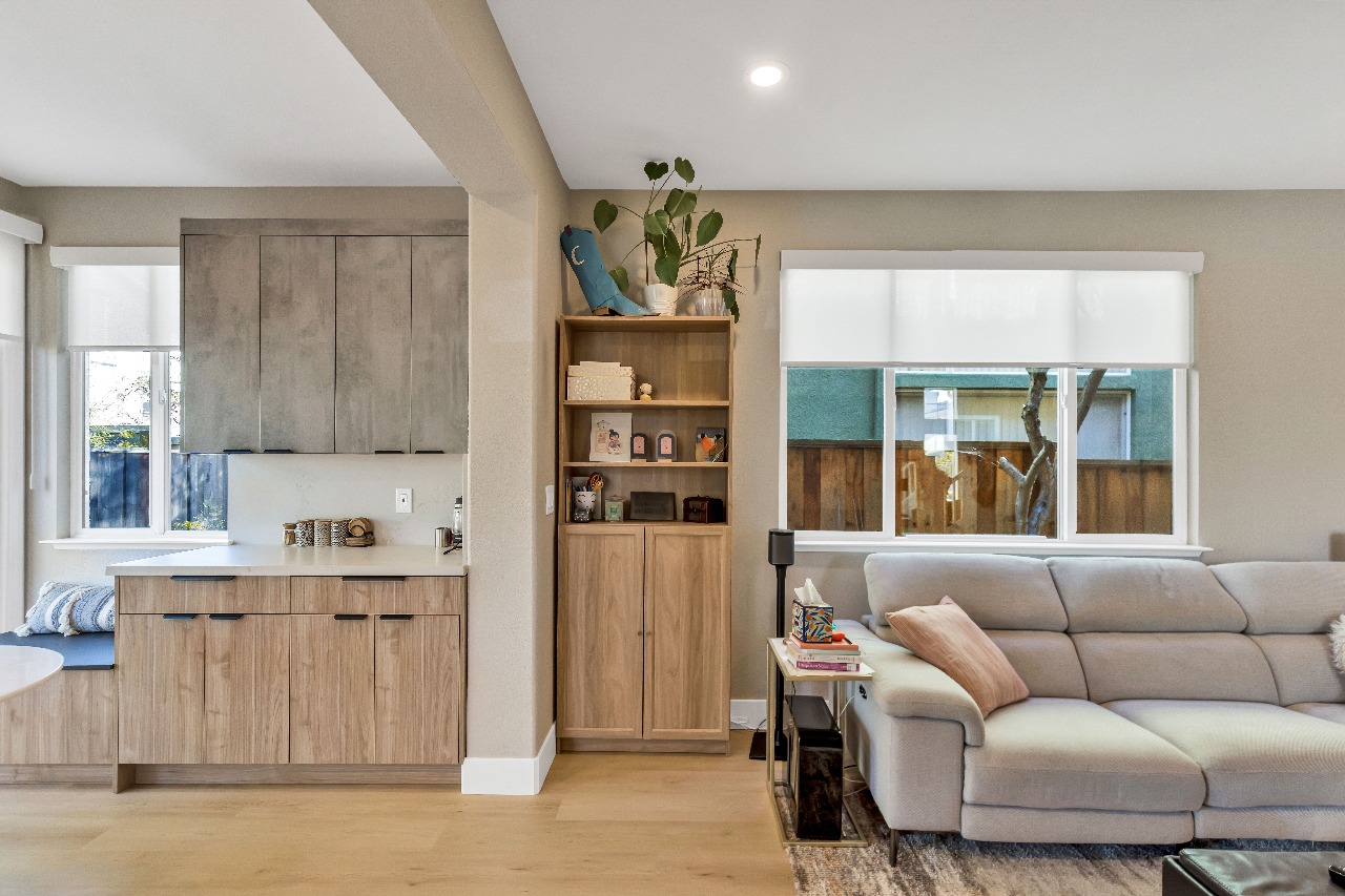 Open-plan living room and kitchen in Alameda full-house remodel
