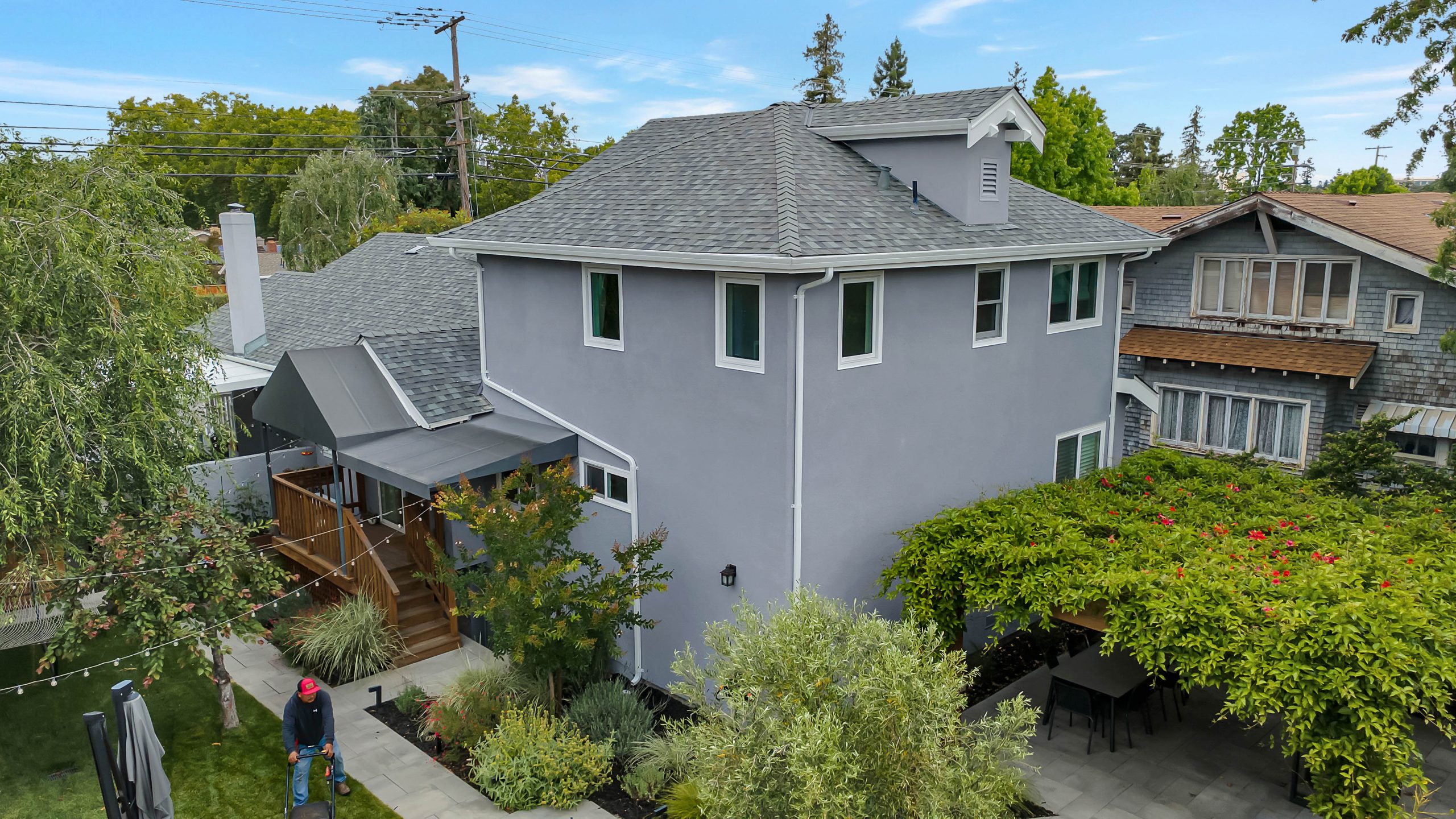 Aerial side view of completed home addition project in Redwood City