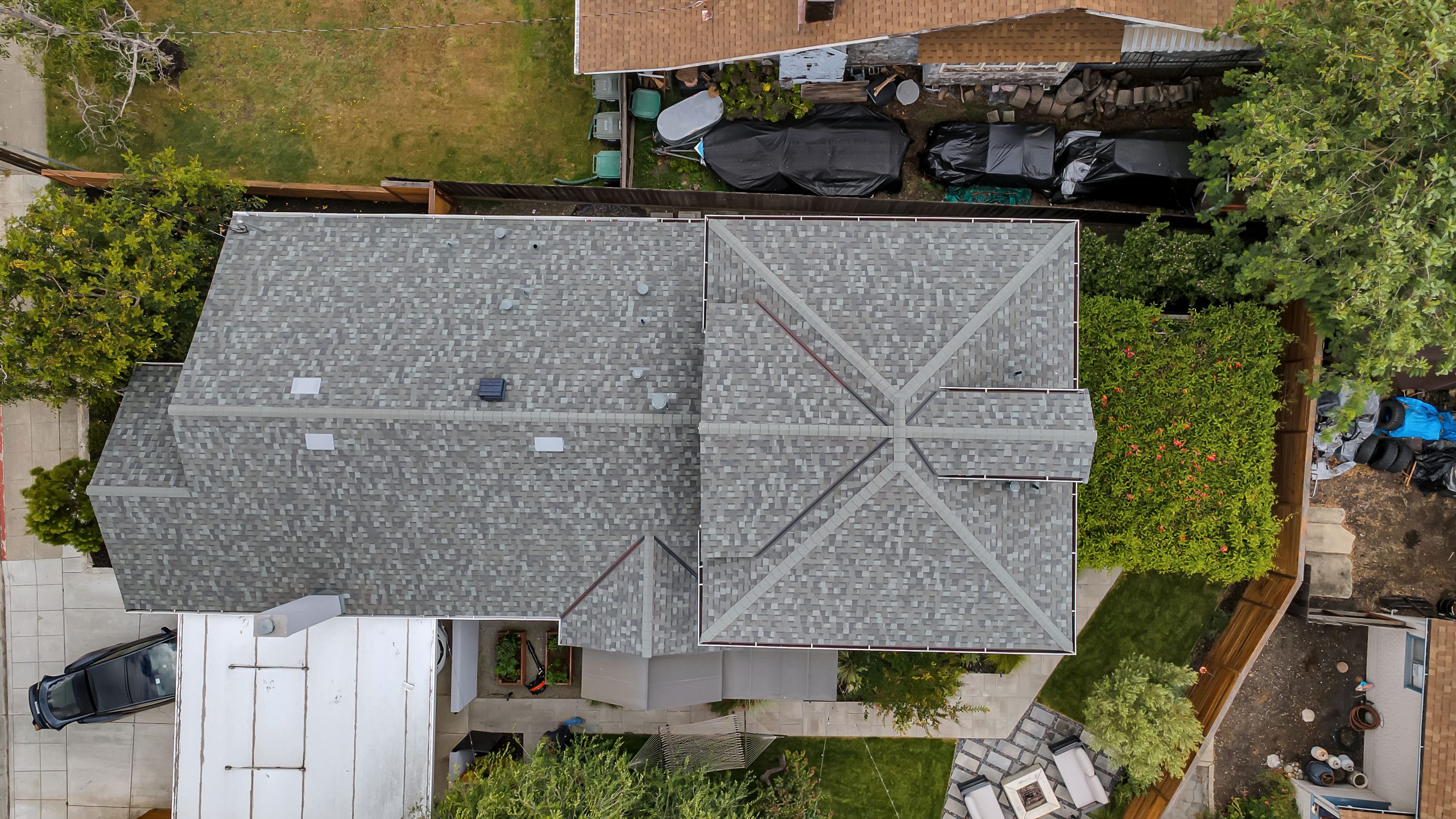 Roof aerial view of completed home addition project in Redwood City