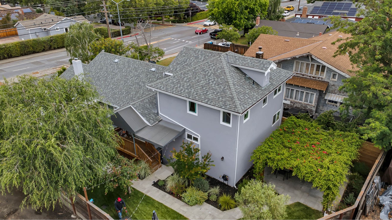 Aerial rear view of second-story addition, Redwood City